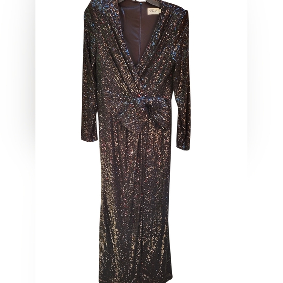 Eliza J Elegant Black micro sequined Long Dress 10 EUC Big bow at waist - Picture 1 of 6